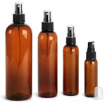 Plastic Bottles, Amber PET Cosmo Round Bottles w/ Black Ribbed Fine Mist Sprayers