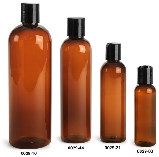 Plastic Bottles, Amber PET Cosmo Round Bottles With Smooth Black Disc Top Caps