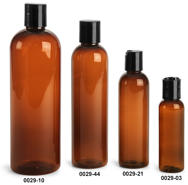 Plastic Bottles, Amber PET Cosmo Round Bottles With Smooth Black Disc Top Caps