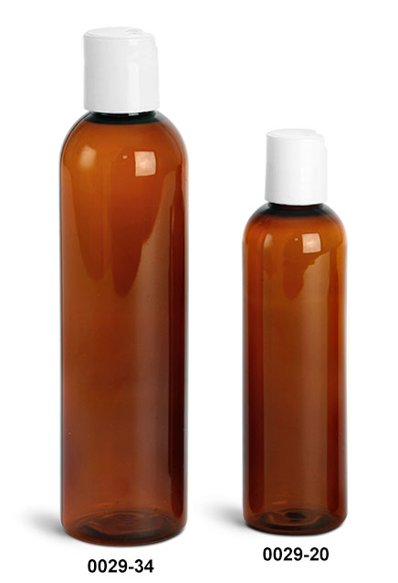 Plastic Bottles, Amber PET Cosmo Round Bottles With Smooth White Disc Top Caps