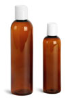 Plastic Bottles, Amber PET Cosmo Round Bottles w/ Smooth White Disc Top Caps