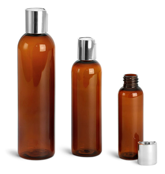 Amber PET Cosmo Round Bottles w/ Silver Disc Top Caps