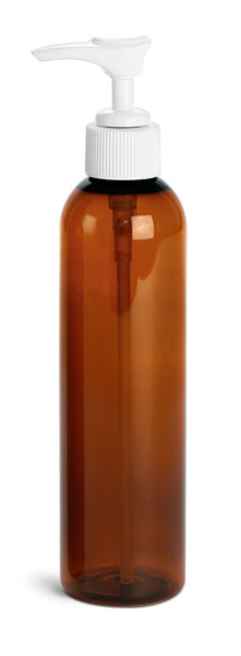 Amber PET Cosmo Round Bottles w/ White Lotion Pumps