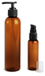 Plastic Bottles, Amber PET Cosmo Round Bottles w/ Black Lotion Pumps & Treatment Pumps