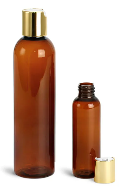Amber PET Cosmo Round Bottles w/ Gold Disc Top Caps