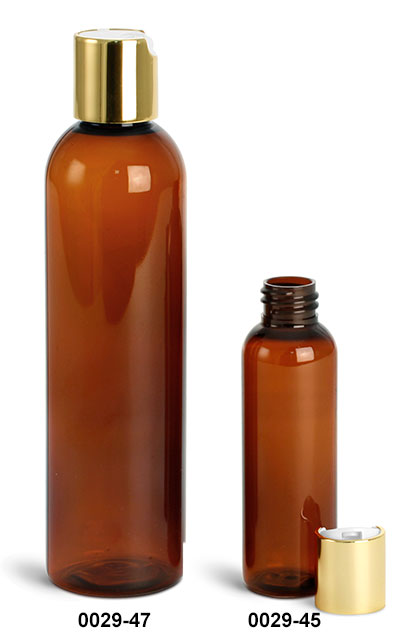 Plastic Bottles, Amber PET Cosmo Round Bottles w/ Gold Disc Top Caps