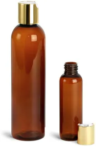 Amber PET Cosmo Round Bottles w/ Gold Disc Top Caps