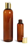 Plastic Bottles, Amber PET Cosmo Round Bottles w/ Gold Disc Top Caps