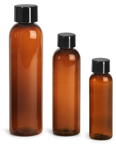 Plastic Bottles, Amber PET Cosmo Round Bottles w/ Smooth Black Plastic Lined Caps