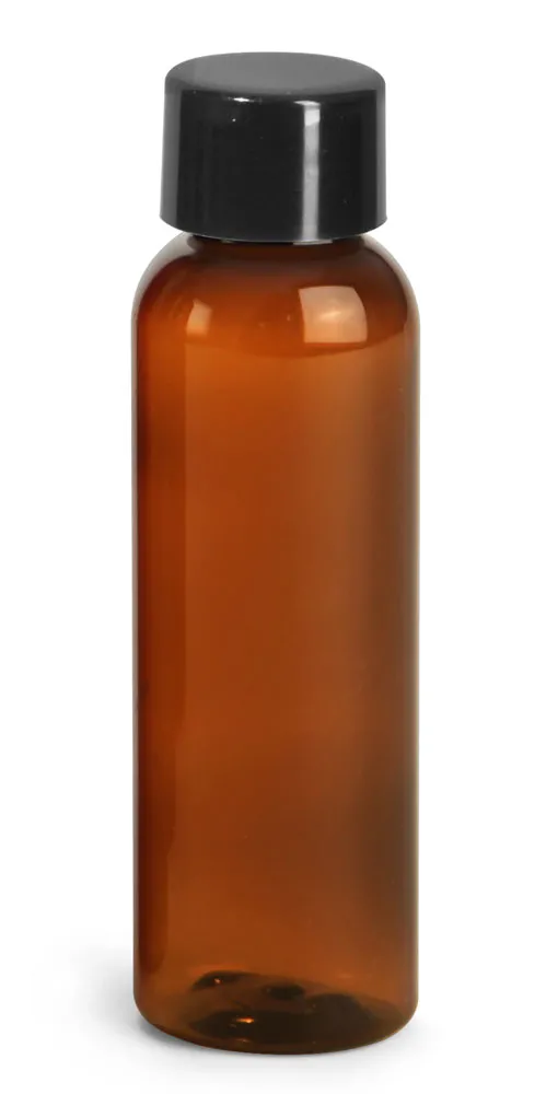 2 oz Plastic Bottles, Amber PET Cosmo Rounds w/ Smooth Black Plastic Lined Caps