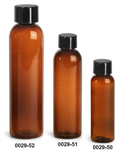 Plastic Bottles, Amber PET Cosmo Round Bottles w/ Smooth Black Plastic Lined Caps