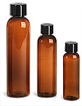 Plastic Bottles, Amber PET Cosmo Round Bottles w/ Smooth Black Plastic Lined Caps