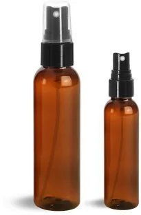 Amber PET Cosmo Round Bottles w/ Smooth Black Fine Mist Sprayers
