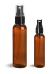 Plastic Bottles, Amber PET Cosmo Round Bottles w/ Smooth Black Fine Mist Sprayers