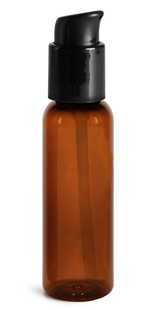 2 OZ AMBER PET COSMO ROUND BOTTLES W/ BLACK TREATMENT PUMPS