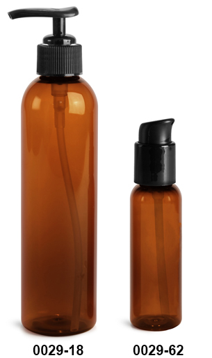 Plastic Bottles, Amber PET Cosmo Round Bottles With Black Lotion Pumps & Treatment Pumps