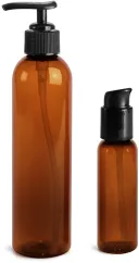 Amber PET Cosmo Round Bottles w/ Black Lotion Pumps & Treatment Pumps