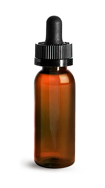 Plastic Bottles, 1 oz Amber PET Cosmo Round Bottles w/ Black Child Resistant Droppers