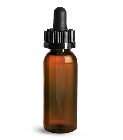 Plastic Bottles, 1 oz Amber PET Cosmo Round Bottles w/ Black Child Resistant Droppers