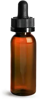 Amber 1 oz PET Cosmo Round Bottles w/ Black Child Resistant Droppers  