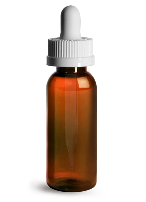 Plastic Bottles, 1 oz Amber PET Cosmo Round Bottles w/ White Child Resistant Droppers