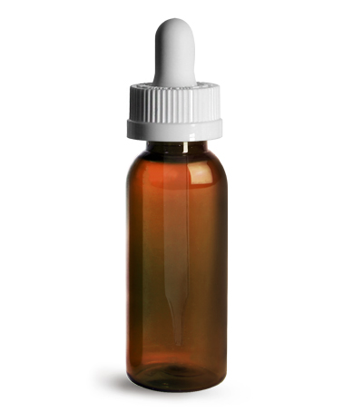 Plastic Bottles, 1 oz Amber PET Cosmo Round Bottles w/ White Child Resistant Droppers
