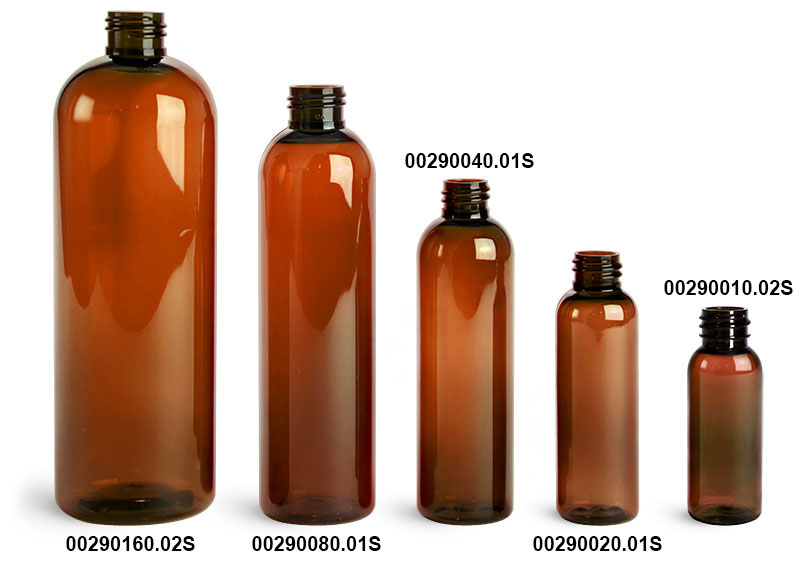 Plastic Bottles, Amber PET Cosmo Round Bottles (Bulk), Caps NOT Included