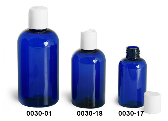 Plastic Bottles, Blue PET Boston Round Bottles w/ White Disc Top Caps