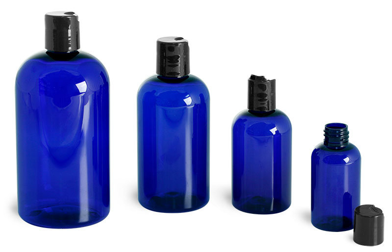 Plastic Bottles, Blue PET Boston Round Bottles w/ Black Disc Top Caps