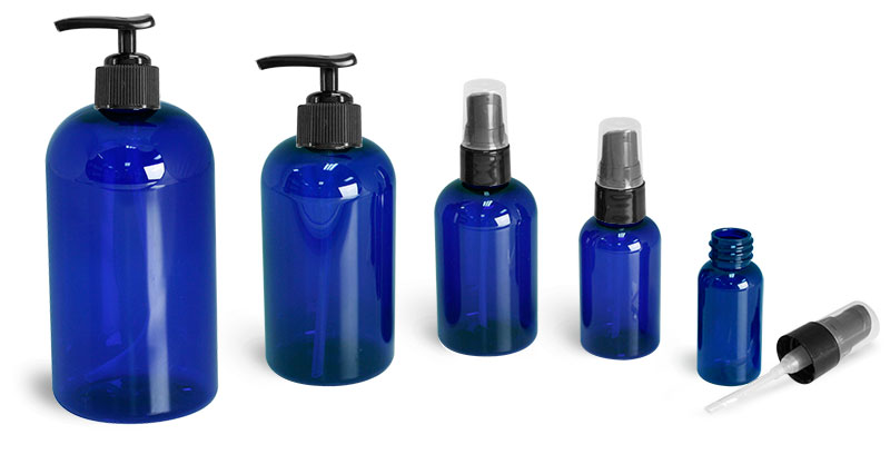 Blue PET Boston Round Bottles w/ Black Treatment  Pumps