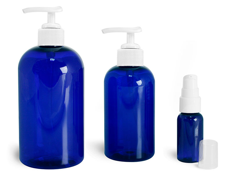 Blue PET Boston Round Bottles w/ White Pumps