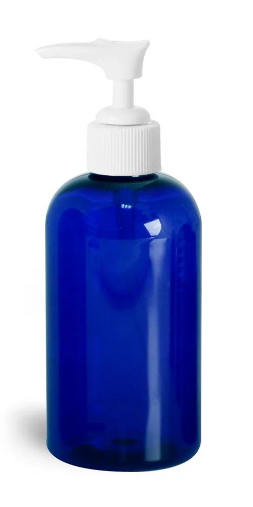 8 oz Blue PET Round Bottles w/ White Pumps