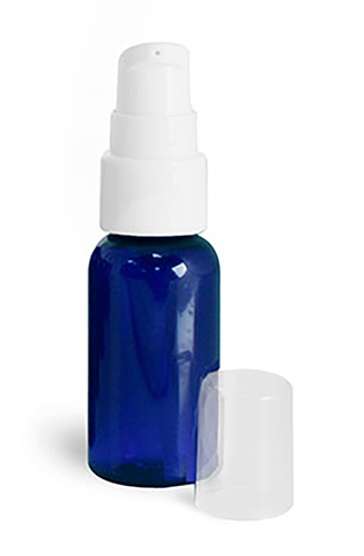 Blue PET Boston Round Bottles w/ White Treatment Pumps