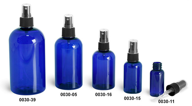 Plastic Bottles, Blue PET Boston Round Bottles w/ Black Ribbed Fine Mist Sprayers