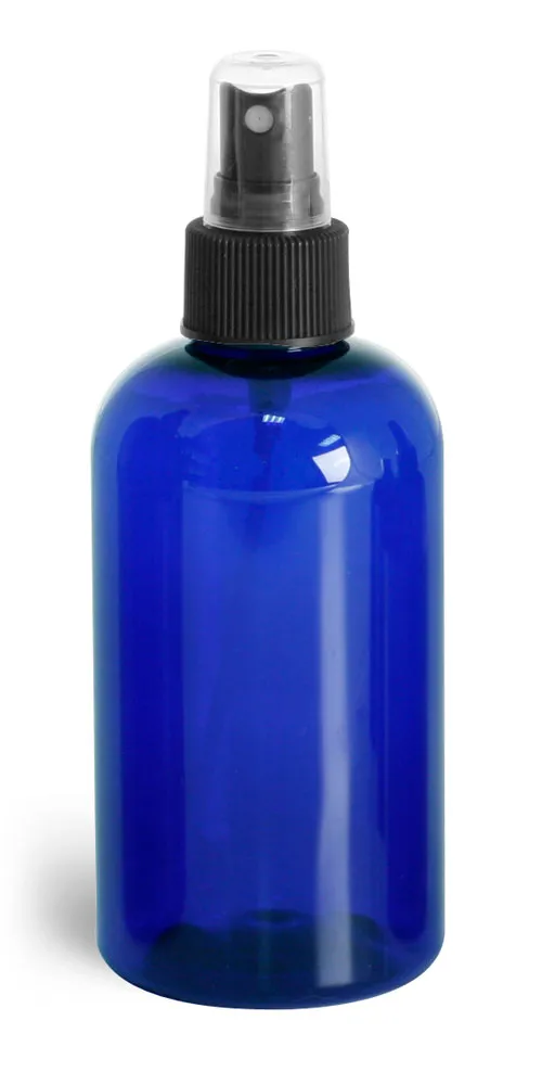 8 oz Blue PET Boston Round Bottles w/ Black Fine Mist Sprayers