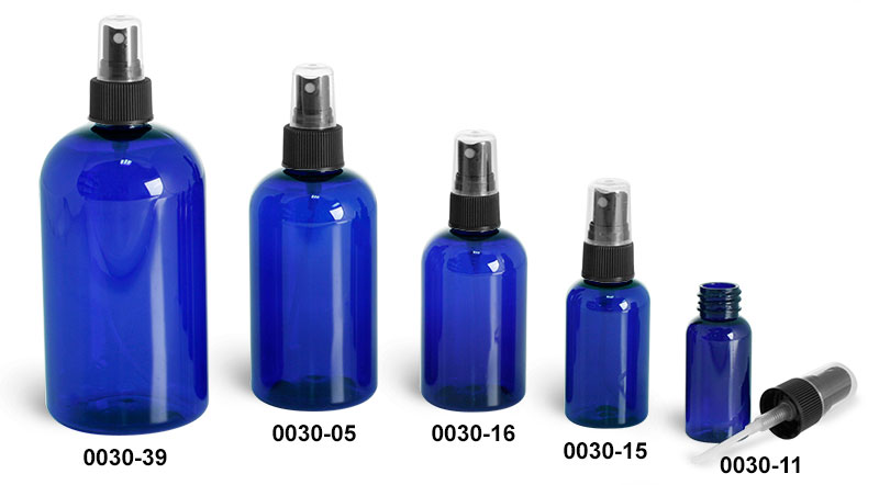 Plastic Bottles, Blue PET Boston Round Bottles w/ Black Ribbed Fine Mist Sprayers
