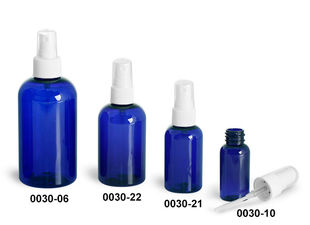 Plastic Bottles, Blue PET Boston Round Bottles w/ White Ribbed Fine Mist Sprayers