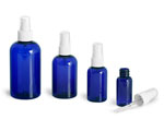 Plastic Bottles, Blue PET Boston Round Bottles w/ White Ribbed Fine Mist Sprayers