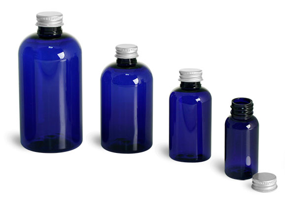 Plastic Bottles, Blue PET Boston Round Bottles w/ Lined Aluminum Caps