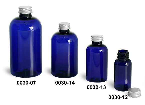Plastic Bottles, Blue PET Boston Round Bottles With Lined Aluminum Caps