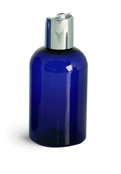 Plastic Bottles, Blue PET Boston Round Bottles With Silver Disc Top Caps