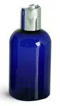 Plastic Bottles, Blue PET Boston Round Bottles w/ Silver Disc Top Caps