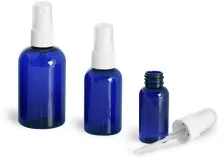 Blue PET Boston Round Bottles w/ White Ribbed Fine Mist Sprayers