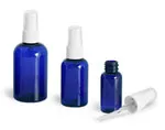 Blue PET Boston Round Bottles w/ White Ribbed Fine Mist Sprayers