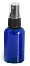 1 oz Blue PET Boston Round Bottles w/ Black Fine Mist Sprayers