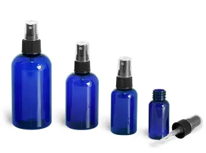 Blue PET Boston Round Bottles w/ Black Ribbed Fine Mist Sprayers