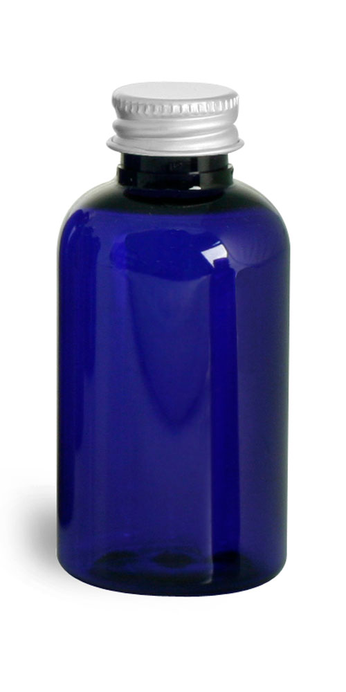 2 oz Blue PET Round Bottles w/ Lined Aluminum Caps
