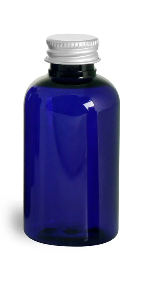 2 oz Blue PET Round Bottles w/ Lined Aluminum Caps