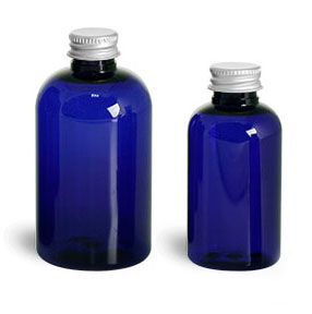 Plastic Bottles, Blue PET Boston Round Bottles w/ Lined Aluminum Caps