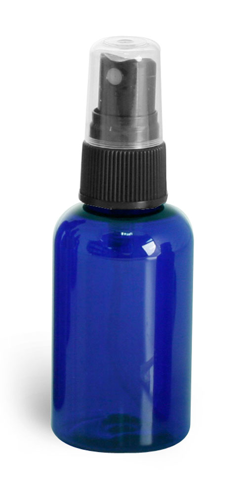 2 oz Blue PET Boston Round Bottles w/ Black Fine Mist Sprayers